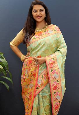 Mint green banarasi silk blend saree with multi-color meenakari floral border 3