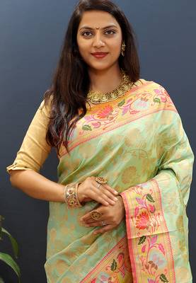 Mint green banarasi silk blend saree with multi-color meenakari floral border 4