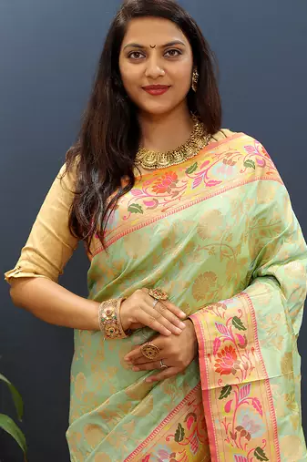 Mint green banarasi silk blend saree with multi-color meenakari floral border