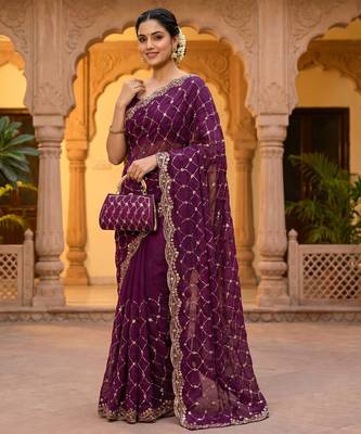 Wine Color Beeds Work Silk Blend Saree 1