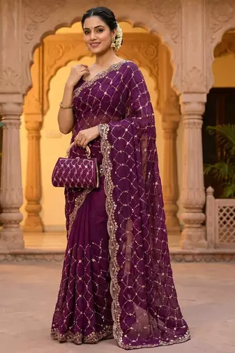 Wine Color Beeds Work Silk Blend Saree