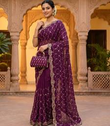 Wine Color Beeds Work Silk Blend Saree