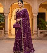 Wine Color Beeds Work Silk Blend Saree