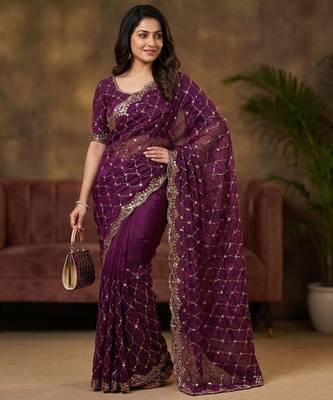 Wine Color Beeds Work Silk Blend Saree 2