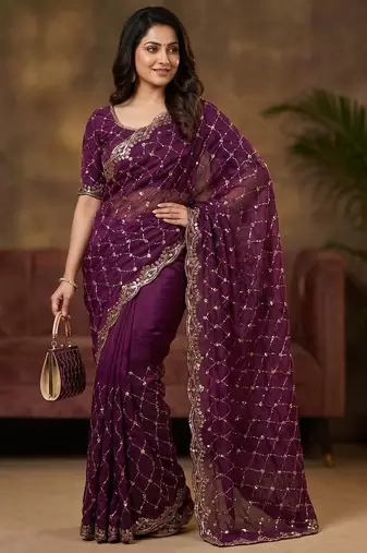Wine Color Beeds Work Silk Blend Saree