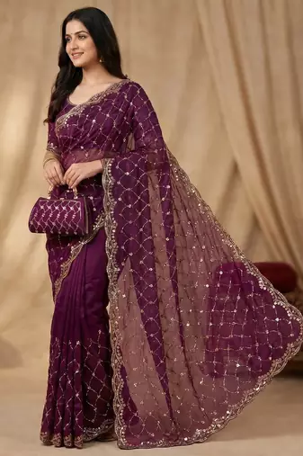 Wine Color Beeds Work Silk Blend Saree