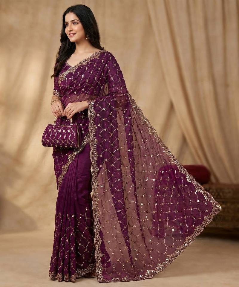 Wine Color Beeds Work Silk Blend Saree