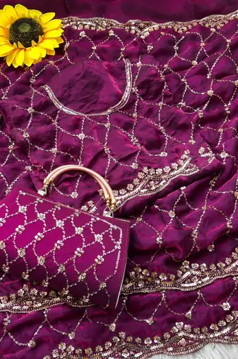 Wine Color Beeds Work Silk Blend Saree