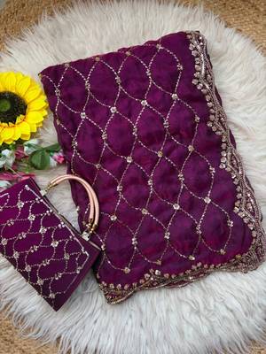 Wine Color Beeds Work Silk Blend Saree 5