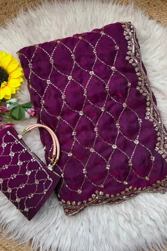 Wine Color Beeds Work Silk Blend Saree