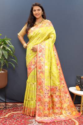 Yellow banarasi silk blend saree with multi-color meenakari floral border 1