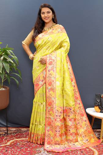 Yellow banarasi silk blend saree with multi-color meenakari floral border