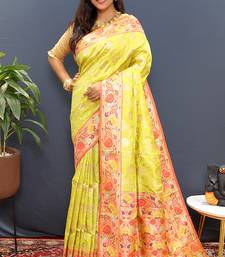 Yellow banarasi silk blend saree with multi-color meenakari floral border