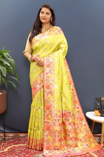 Yellow banarasi silk blend saree with multi-color meenakari floral border