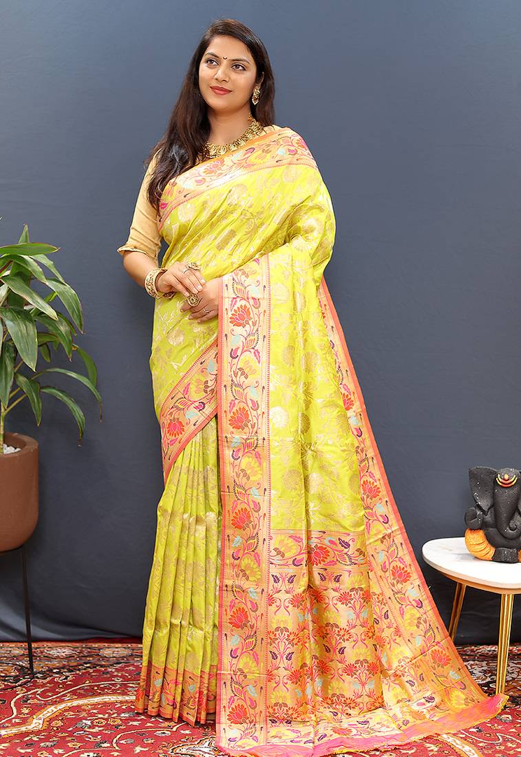 Yellow banarasi silk blend saree with multi-color meenakari floral border