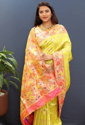 Yellow banarasi silk blend saree with multi-color meenakari floral border 3