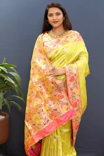 Yellow banarasi silk blend saree with multi-color meenakari floral border