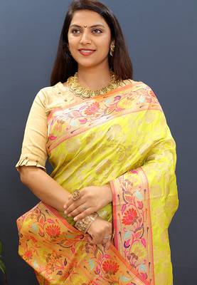 Yellow banarasi silk blend saree with multi-color meenakari floral border 4