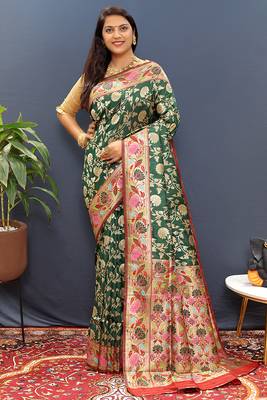 Dark green banarasi silk blend saree with multi-color meenakari floral border 1