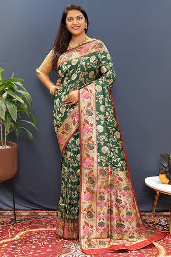 Dark green banarasi silk blend saree with multi-color meenakari floral border