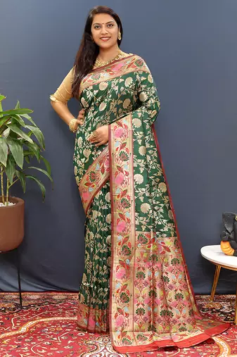 Dark green banarasi silk blend saree with multi-color meenakari floral border