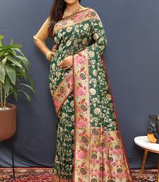 Dark green banarasi silk blend saree with multi-color meenakari floral border