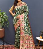 Dark green banarasi silk blend saree with multi-color meenakari floral border