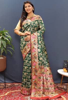 Dark green banarasi silk blend saree with multi-color meenakari floral border 2