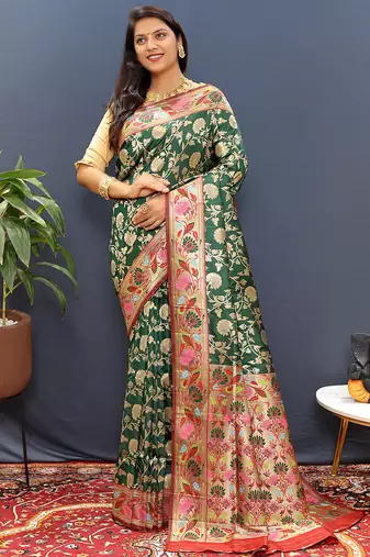 Dark green banarasi silk blend saree with multi-color meenakari floral border