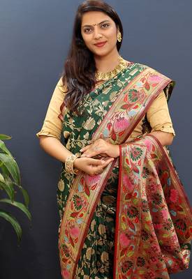 Dark green banarasi silk blend saree with multi-color meenakari floral border 3