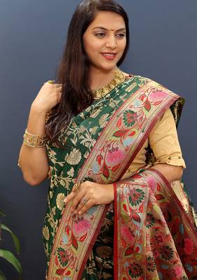 Dark green banarasi silk blend saree with multi-color meenakari floral border 4
