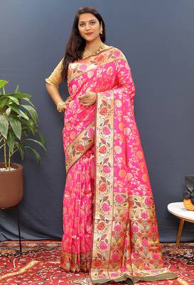 Rani pink banarasi silk blend saree with multi-color meenakari floral border 1