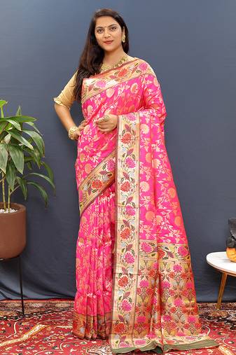Rani pink banarasi silk blend saree with multi-color meenakari floral border