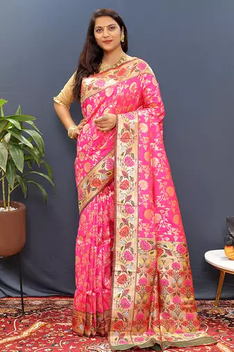 Rani pink banarasi silk blend saree with multi-color meenakari floral border