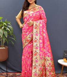 Rani pink banarasi silk blend saree with multi-color meenakari floral border