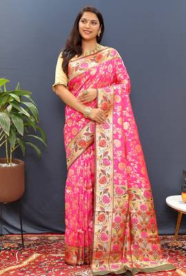 Rani pink banarasi silk blend saree with multi-color meenakari floral border 2