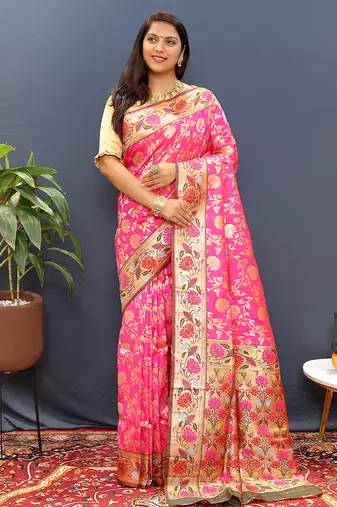 Rani pink banarasi silk blend saree with multi-color meenakari floral border