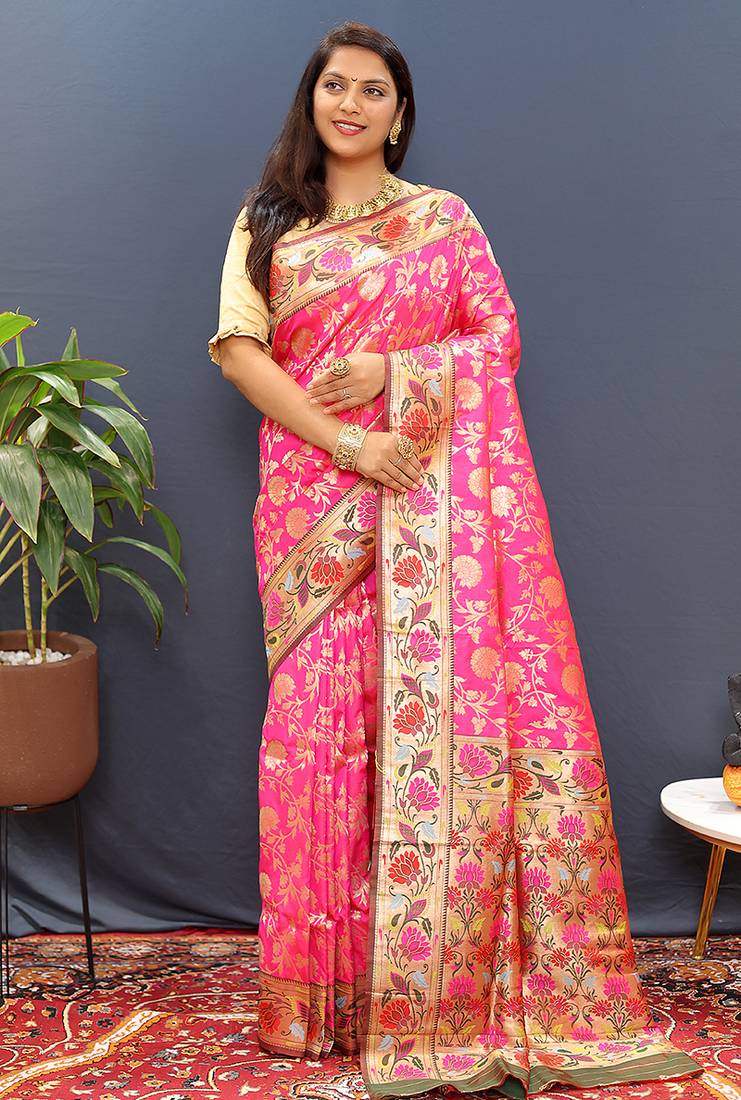 Rani pink banarasi silk blend saree with multi-color meenakari floral border