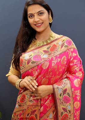 Rani pink banarasi silk blend saree with multi-color meenakari floral border 4