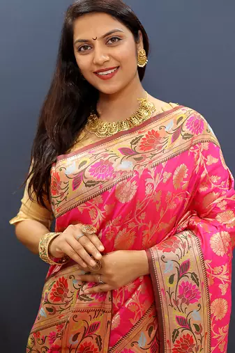 Rani pink banarasi silk blend saree with multi-color meenakari floral border