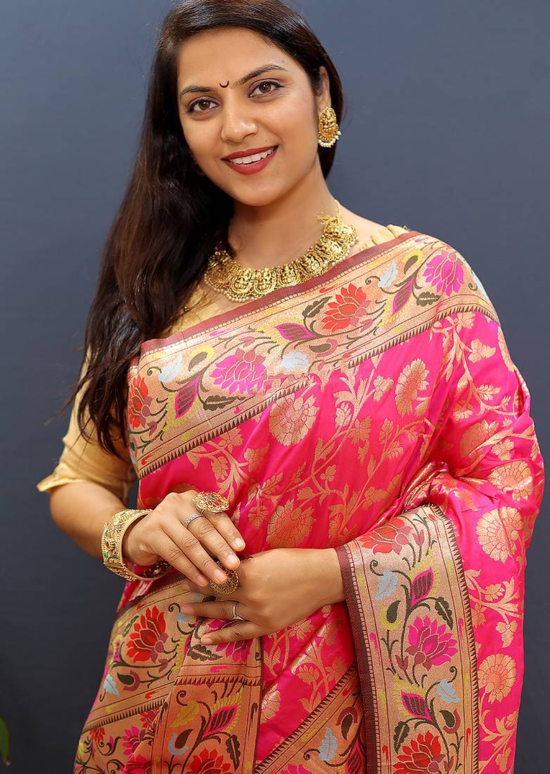 Rani pink banarasi silk blend saree with multi-color meenakari floral border