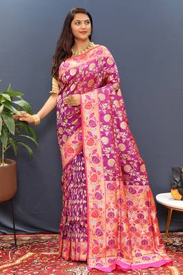Magenta pink banarasi silk blend saree with multi-color meenakari floral border 1