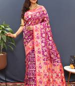 Magenta pink banarasi silk blend saree with multi-color meenakari floral border