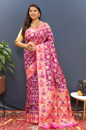 Magenta pink banarasi silk blend saree with multi-color meenakari floral border