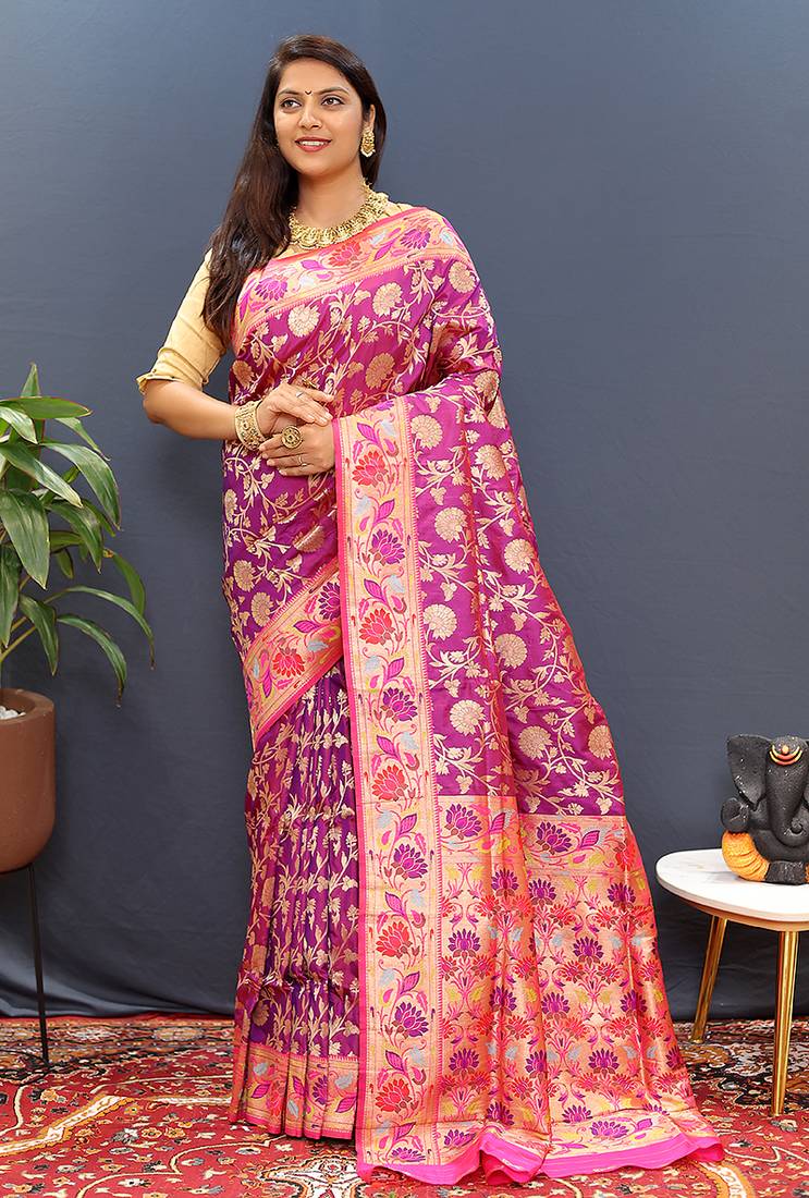 Magenta pink banarasi silk blend saree with multi-color meenakari floral border