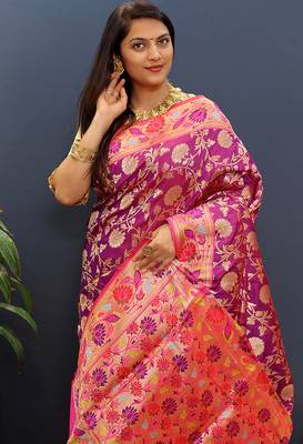 Magenta pink banarasi silk blend saree with multi-color meenakari floral border 3