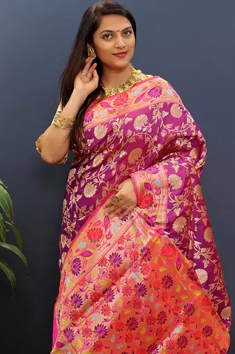Magenta pink banarasi silk blend saree with multi-color meenakari floral border