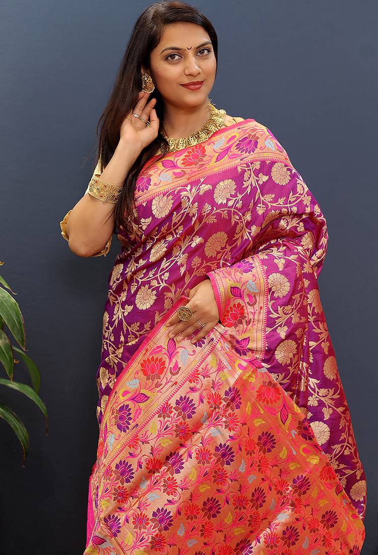 Magenta pink banarasi silk blend saree with multi-color meenakari floral border