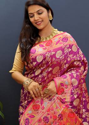 Magenta pink banarasi silk blend saree with multi-color meenakari floral border 4