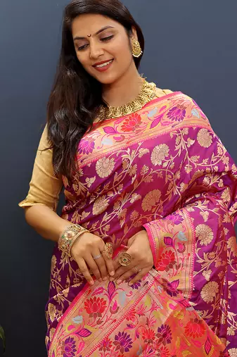 Magenta pink banarasi silk blend saree with multi-color meenakari floral border
